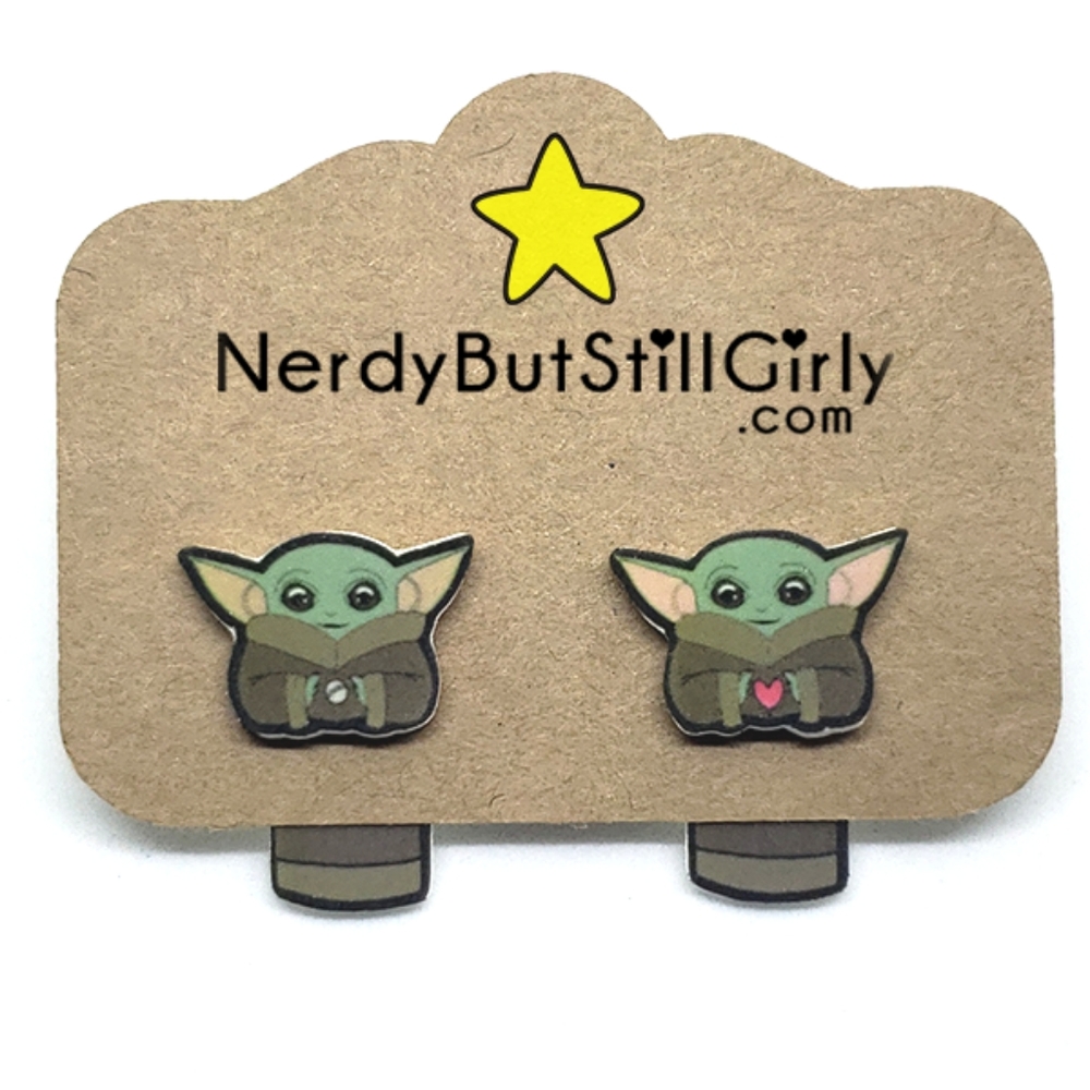 Baby Yoda Earrings (Heart & Silver Ball)